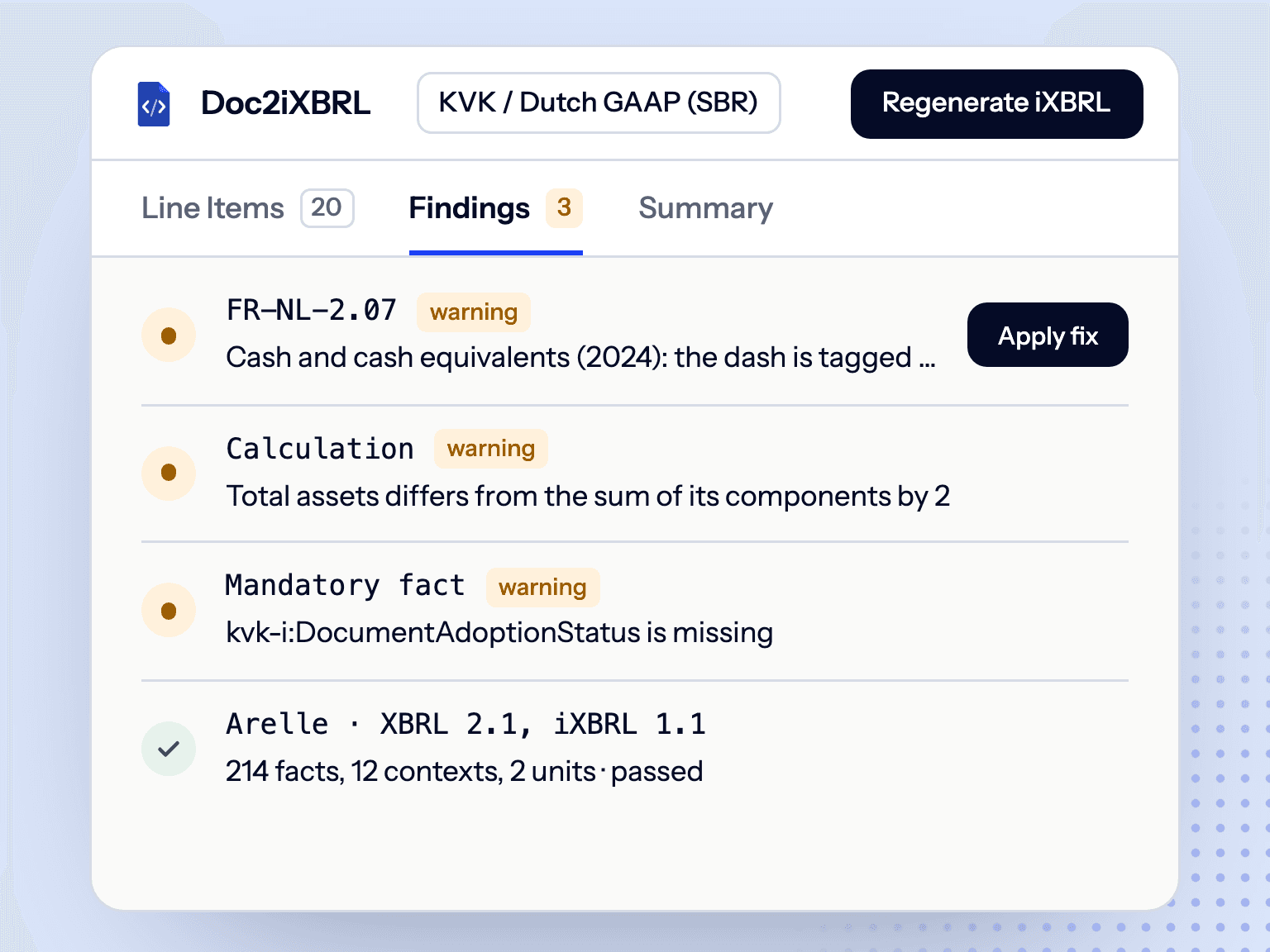 A validation run with one finding and its fix